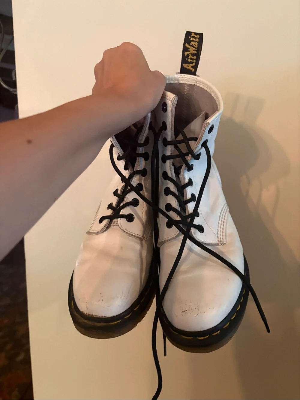 Dr. Martens White Leather Lace-Up Combat Boots with Black Laces - Picture 2 of 6